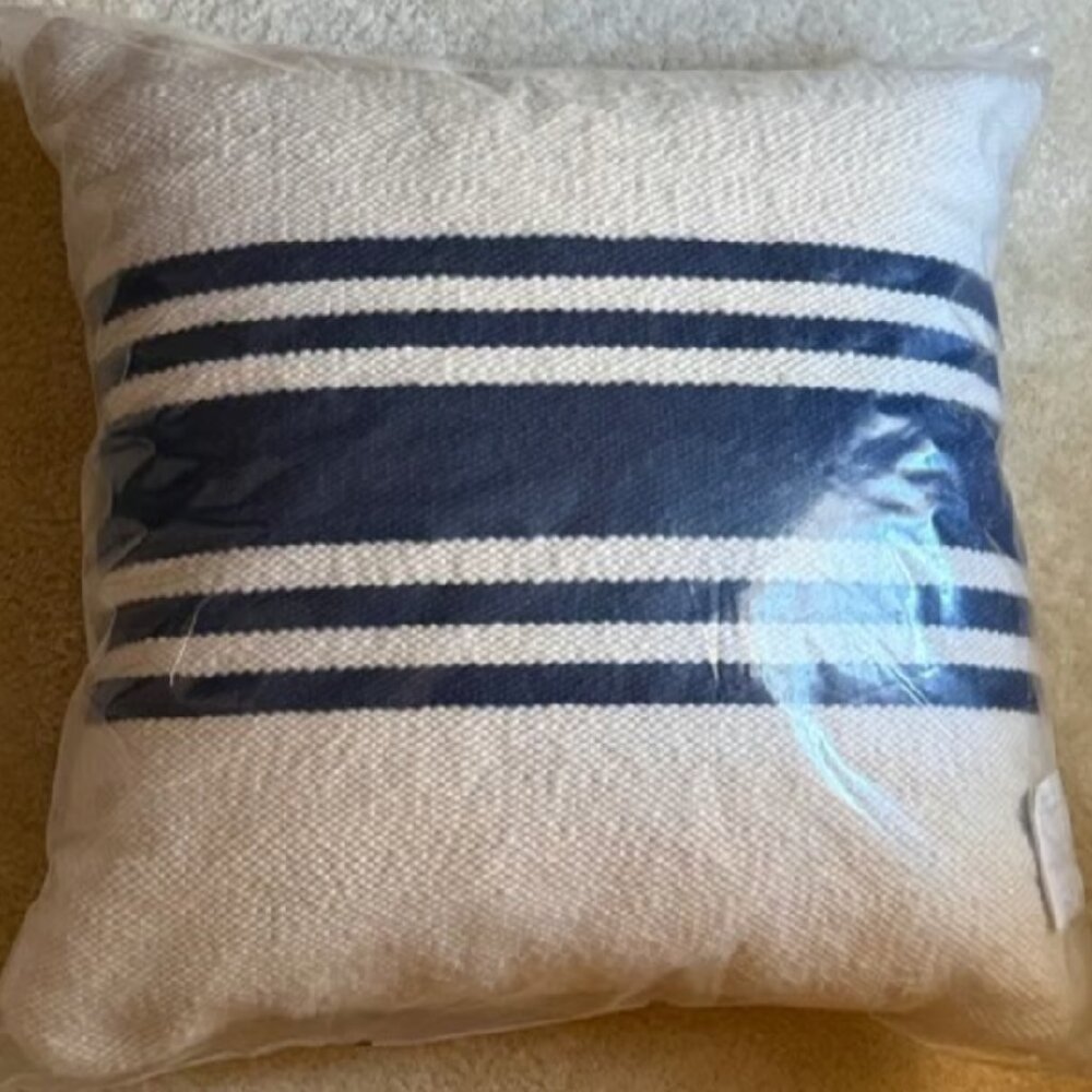 NEW Pottery Barn Modern Farmhouse Navy Blue Striped Outdoor Pillow, 20" SQ